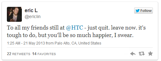 HTC's product chief departs, ex-strategy head Eric Lin tweets "leave now"