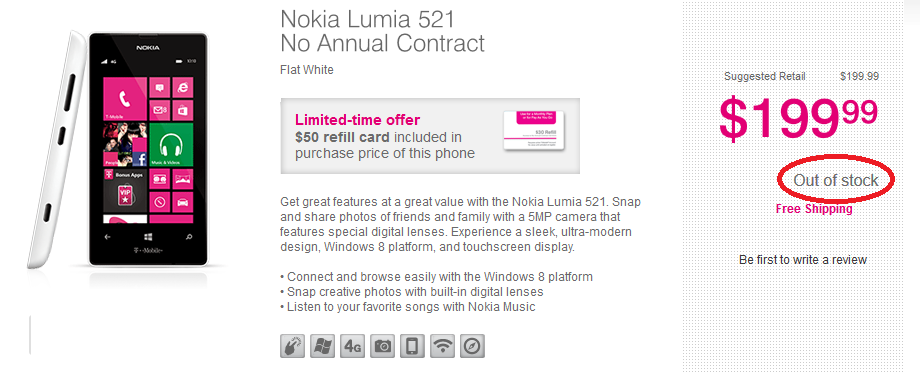 The Nokia Lumia 521 is sold out on T-Mobile's pre-paid network - T-Mobile pre-paid sells out the Nokia Lumia 521