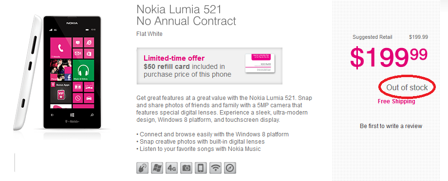 The Nokia Lumia 521 is sold out on T-Mobile&#039;s pre-paid network - T-Mobile pre-paid sells out the Nokia Lumia 521