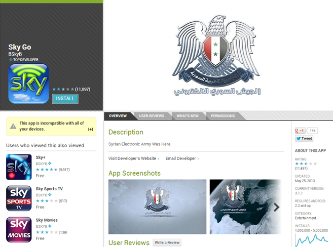 The Syrian Electronic Army has hacked Sky Tv's apps - Sky TV apps hacked, removed from Google Play Store