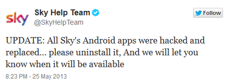 Sky TV's tweet warns users about the hacking - Sky TV apps hacked, removed from Google Play Store