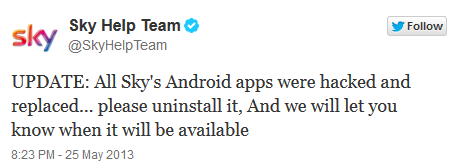 Sky TV&#039;s tweet warns users about the hacking - Sky TV apps hacked, removed from Google Play Store