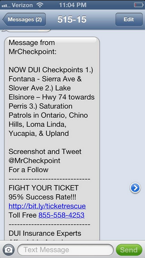 Typical text message from Mr. Checkpoint, note the ads on bottom - Is checkpoint snitch a hero or bad guy?