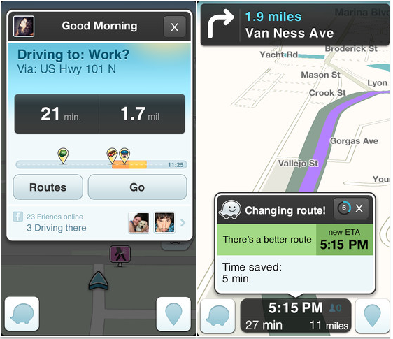 Screenshots from the iOS version of Waze - Waze update to iOS app adds Facebook integration for events