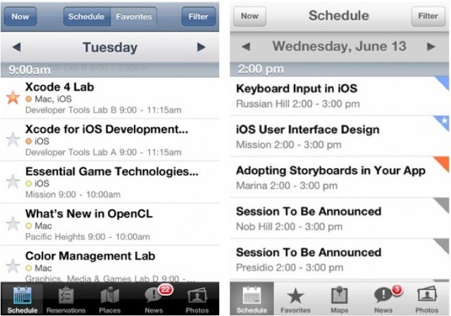 WWDC 2012 app on the left vs WWDC 2013 app on the right - New official Apple WWDC app could show where the iOS design wind is blowing
