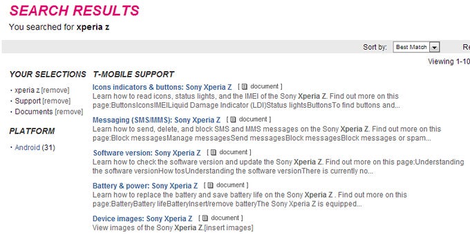 Sony Xperia Z documents found on T-Mobile Support web page - Sony Xperia Z documents found on T-Mobile Support web page