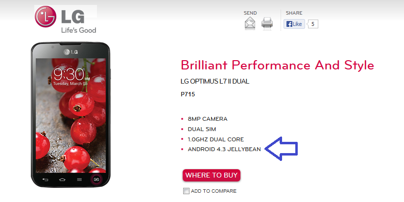 LG's product page shows Android 4.3 powering the LG Optimus L7 II Dual - LG shows Android 4.3 running the LG Optimus L7 II Dual