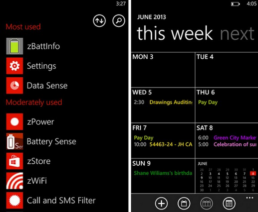 Found on a Nokia Lumia 920, a new notifications shade (L), Z apps, and a weekly calendar view - Nokia Lumia 920 bought on eBay might accidentally be loaded with Windows Phone Blue