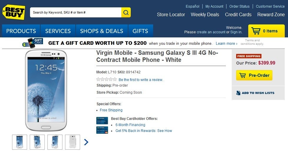 Best Buy has Samsung Galaxy S III for Virgin Mobile available for pre-order, $399