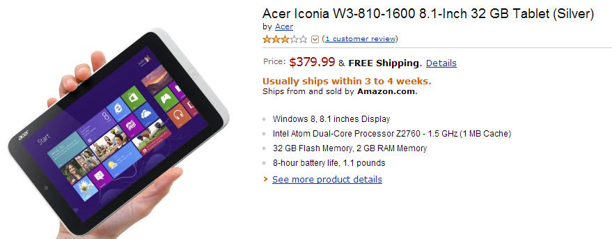The Acer Iconia W3 can be pre-ordered from Amazon (pictured) and Staples - Acer Iconia W3 tablet available for pre-orders from Staples and Amazon
