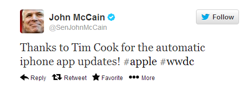 Senator McCain tweets his thanks to Tim Cook - John McCain happy about automatic app updates on iOS 7