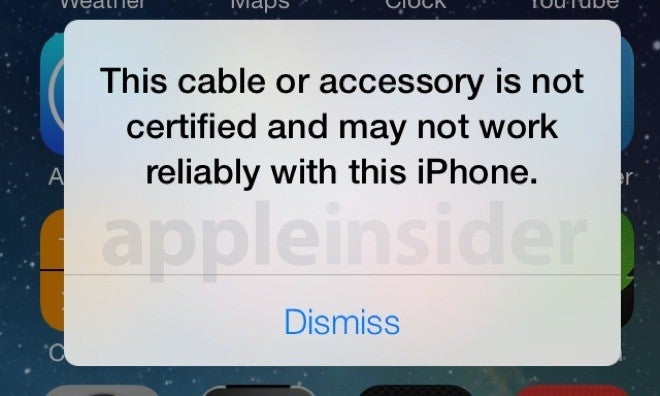 You will be warned if you&#039;re using an unauthorized Lightning connector while testing iOS 7 - Unauthorized Ligthning cables elicit a warning in iOS 7