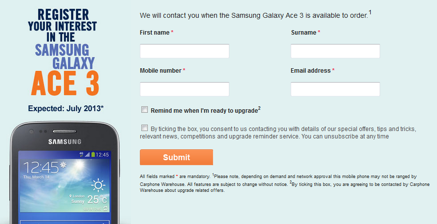 Pre-register for the Samsung Galaxy Ace 3 with Carphone Warehouse, now - Samsung Galaxy Ace 3 coming in July to the U.K. with 4G LTE connectivity