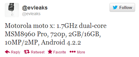 Evleaks tweets specs it expects for the Motorola Moto X - Specs for Motorola Moto X leak