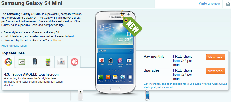 The Samsung Galaxy S4 mini is listed at Carphone Warehouse - Samsung Galaxy S4 mini shows up at Carphone Warehouse