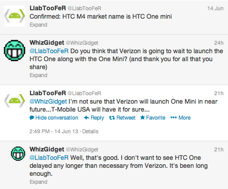 This exchange of tweets says that the HTC One mini is coming to T-Mobile - HTC One mini coming to T-Mobile?