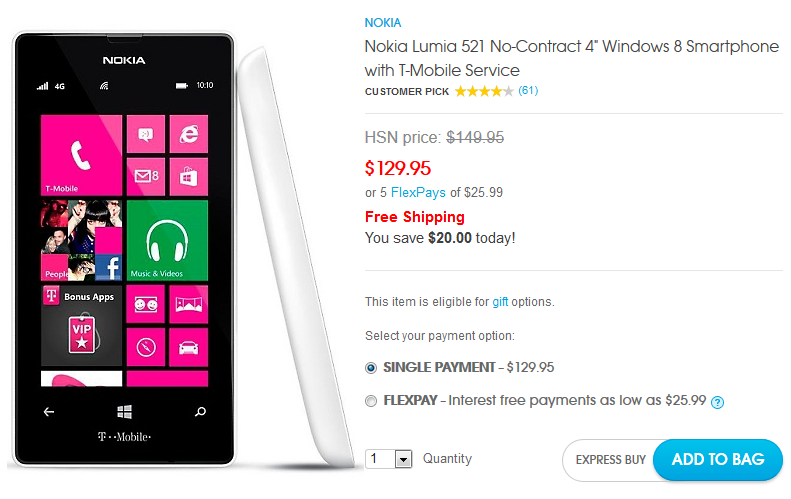 HSN is now offering the T-Mobile Lumia 521 for $129.95 - HSN drops price of Nokia Lumia 521 to $129.95