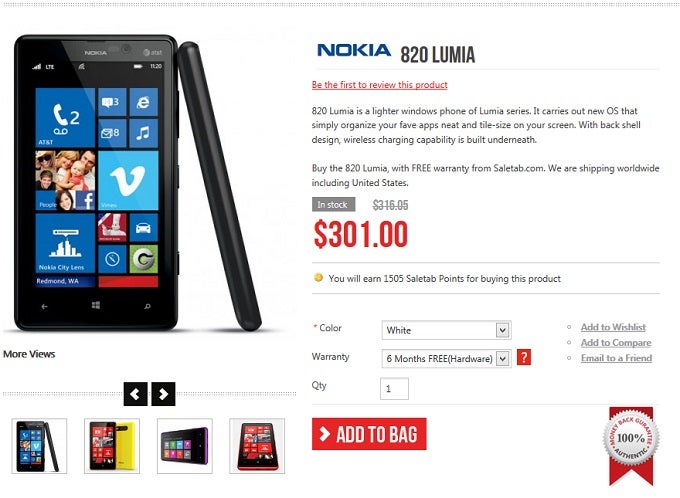 Pick up a SIM-free Nokia Lumia 820 for only $301