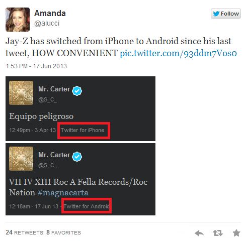 Jay-Z has dropped his Apple iPhone for an Android handset - Jay-Z drops his Apple iPhone for what we assume is a Samsung Galaxy S4