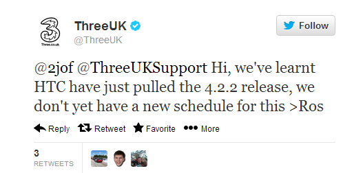 The tweet from ThreeUK that set off the uproar - HTC reiterates Android 4.2.2 update coming to HTC One