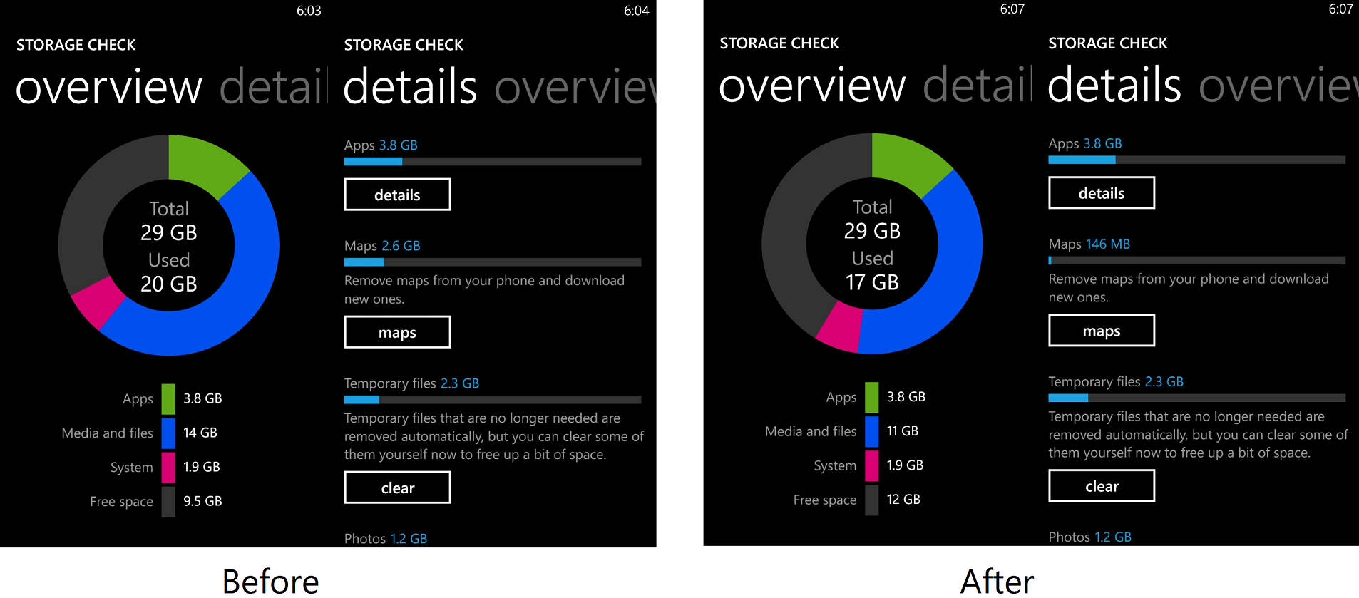 Before and after the removal of the map data on the Nokia Lumia 928 - Here is how to free up 2.5GB of storage space on your Nokia Lumia 928