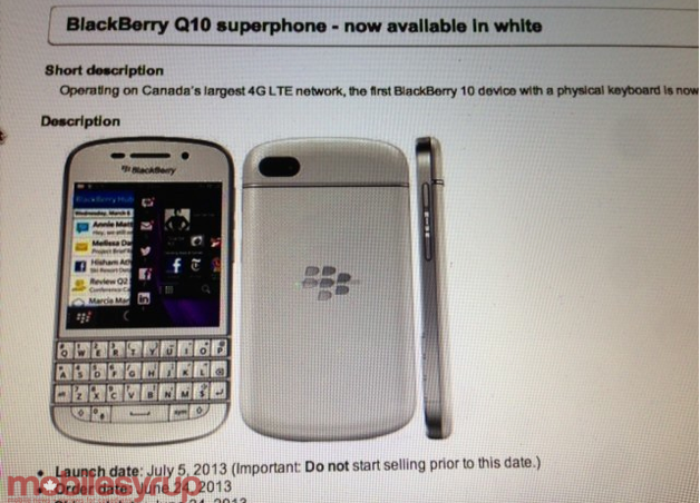 A leaked internal document shows the white BlackBerry Q10 coming to Bell on July 5th - It's all white now: Bell to offer BlackBerry Q10 in white on July 5th?