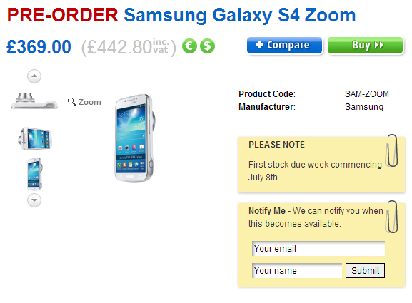 Clove is taking pre-orders for the Samsung Galaxy S4 Zoom - Samsung Galaxy S4 Zoom to launch in the U.K. on July 8th