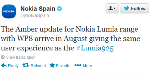 Translated tweet from Nokia Spain - Tweet from Nokia Spain says to expect Amber update in August