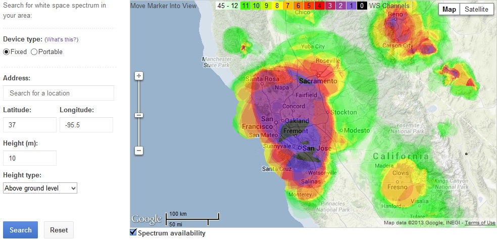 As you can see looking at Google&#039;s TVWS database, the Bay Area down past Santa Cruz and up to Sacramento has very little available TVWS, but once you are outside those areas, spectrum becomes greatly available. - FCC gives the nod to Google for white space wireless broadband database