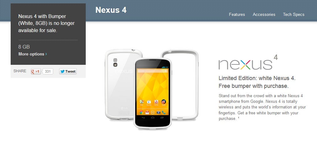 White Nexus 4 8GB model is no longer available on Google Play