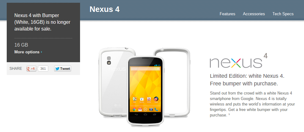 White Nexus 4 listed as "no longer available for sale" in the Play Store