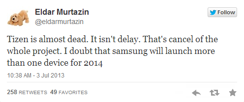 Tweet from Murtazin says that Tizen is close to death - Murtazin: Tizen almost DOA