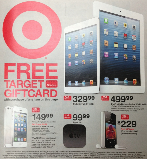 Target is offering gift cards to those buying certain Apple devices - Target offering free gift card with purchase of Apple iPhone, Apple iPad or Apple iPod