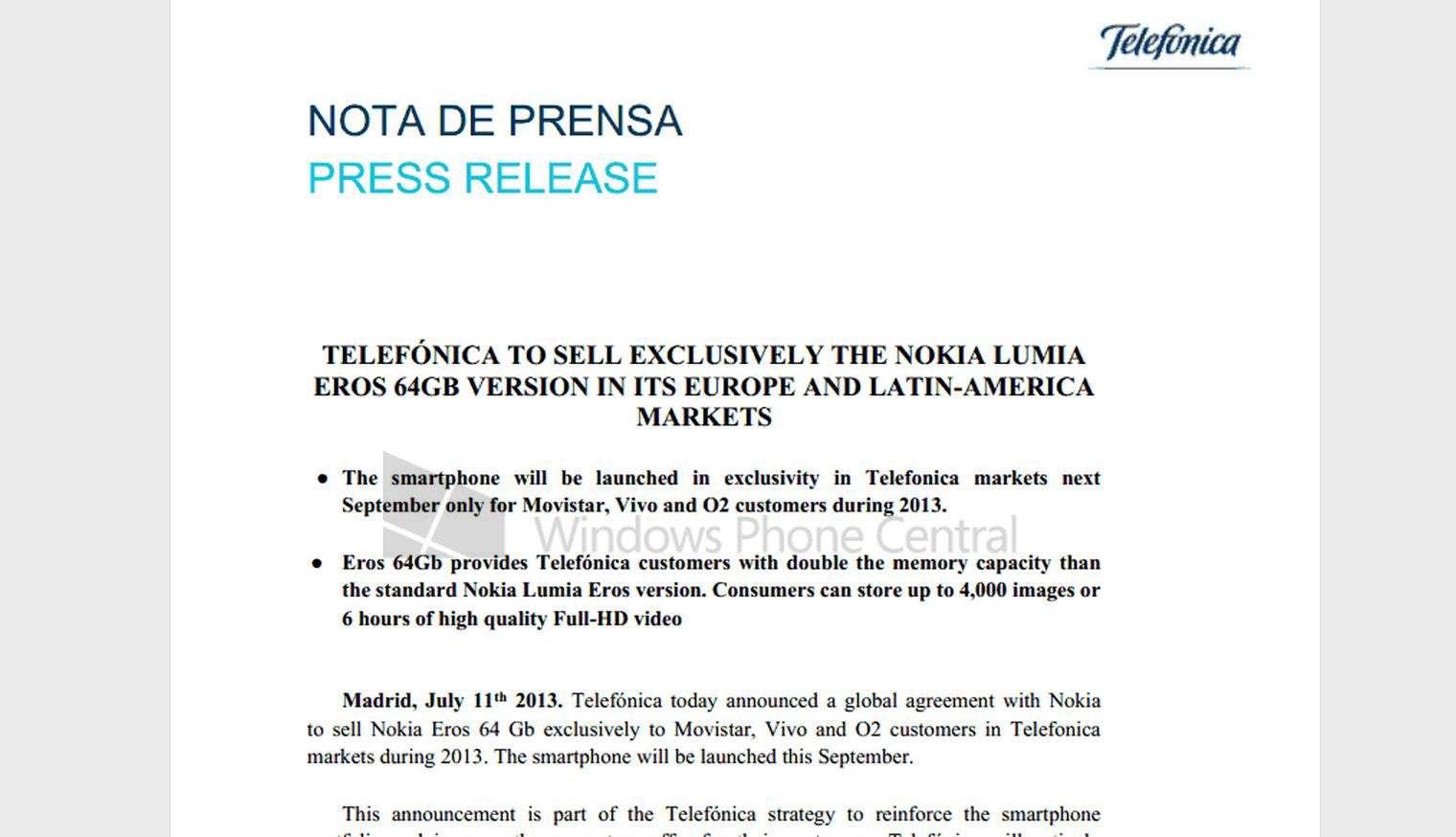 Telefonica to get exclusive 64GB Nokia Lumia 1020 for European and Latin-American markets