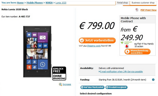 The Nokia Lumia 1020 is available for pre-order in Germany - Nokia Lumia 1020 available for pre-order in Germany
