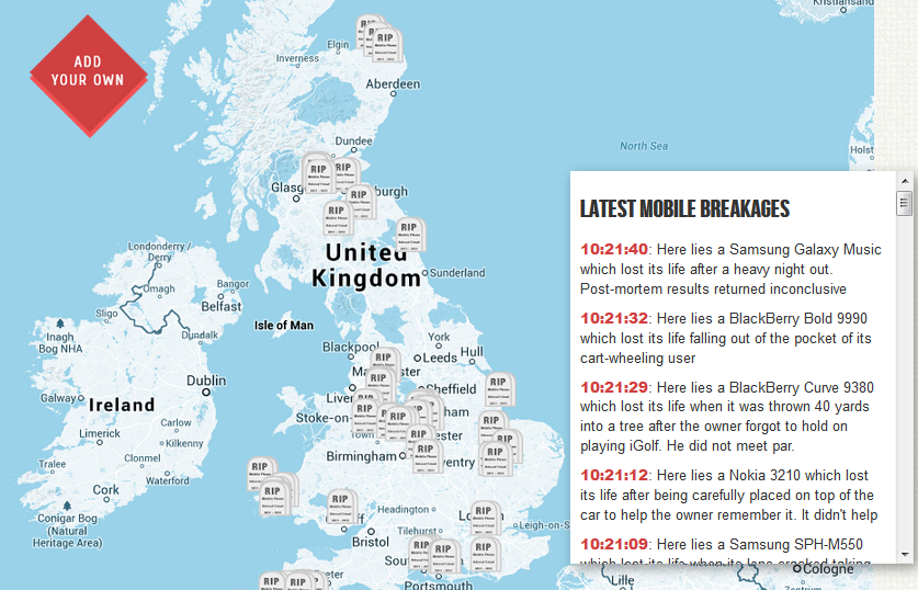 The Mobile Grave Yard site tells you how others&#039; smartphones died - MobileGraveyard.com shares tales of departed handsets in the U.K.