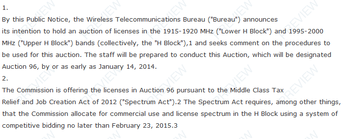 Excerpt from the FCC&#039;s draft for its auction of H Block spectrum - FCC to auction H-Block spectrum, seeks comments