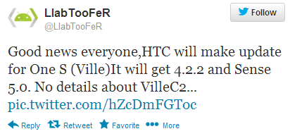 Tweet from HTC insider says that the S4 version of the HTC One S will be updated to Android 4.2.2 after all - Is the Android 4.2.2 update back on for some HTC One S models?