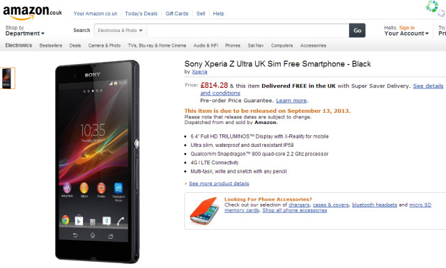 Amazon lists the Xperia Z Ultra with a September 13 release date - Sony Xperia Z Ultra coming September 13 in the UK