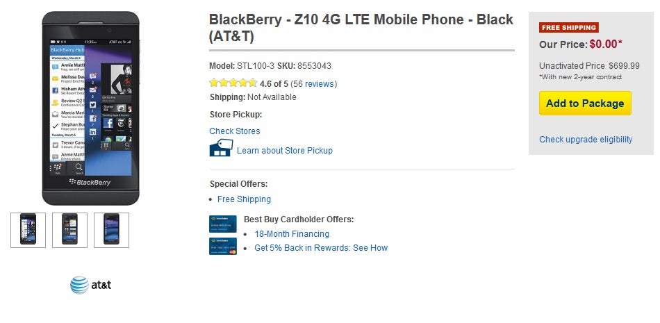 Best Buy cuts the BlackBerry Z10 for AT&T to $0 on contract