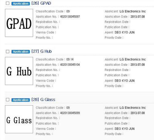 Some of the trademark applications made by LG in Korea - LG files Korean trademark applications for G Watch, G Glass, G Band, G PAD and G Hub