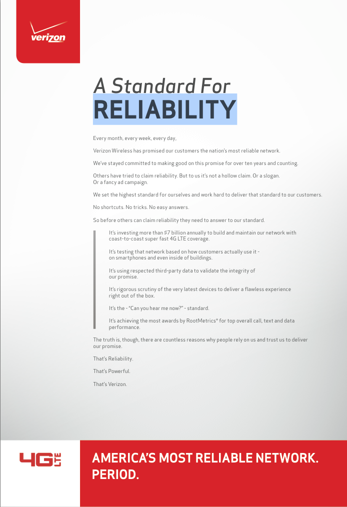 Verizon to AT&T: reliability isn't "a hollow claim. Or a slogan."