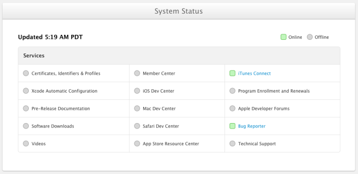 Apple's status screen lets developers see which functions are back up and running on the developers site - Apple slowly resumes functionality on its hacked developer site