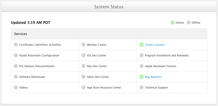 Apple&#039;s status screen lets developers see which functions are back up and running on the developers site - Apple slowly resumes functionality on its hacked developer site