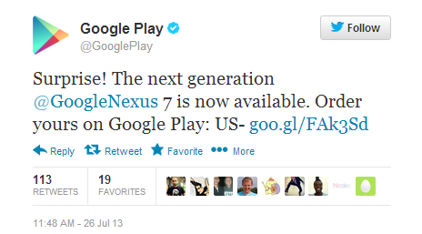 Tweet from Google announces that they are accepting orders for the new Nexus 7 - Google Play Store now taking orders for the new Nexus 7