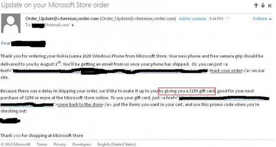 Microsoft is giving $150 gift cards to those whose pre-ordered Nokia Lumia 1020 is delayed - Microsoft apologizes for late delivery of Nokia Lumia 1020 with $150 gift cards