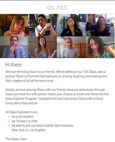 Google sent emails to some Glass owners members allowing them to invite a friend into the Explorer program - Google to let friends of Glass users join Explorer program temporarily