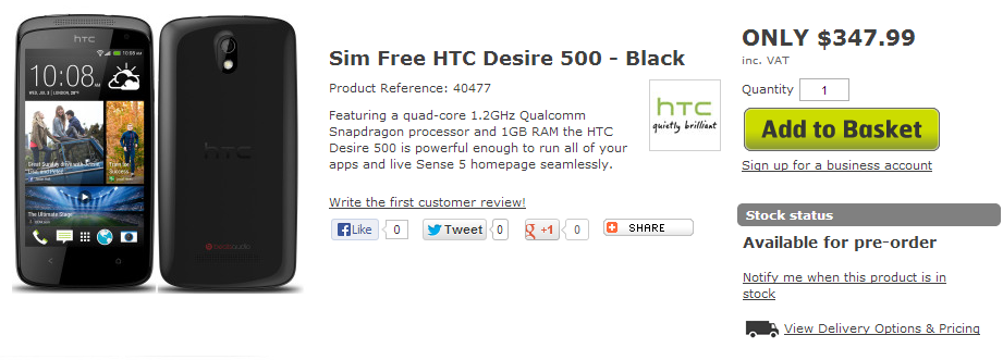 The HTC Desire 500 can be pre-ordered from MobileFun in the U.K. - HTC Desire 500 ready to be pre-ordered in the U.K.