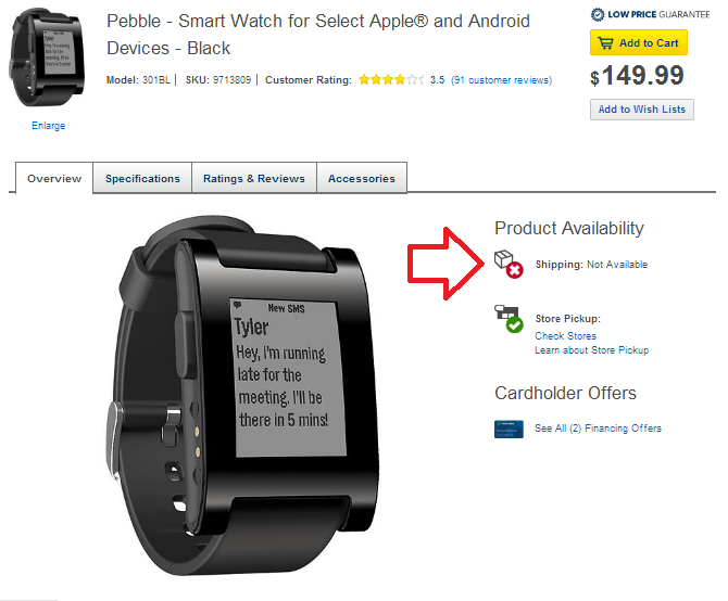 The Pebble smartwatch is sold out at Best Buy&#039;s website - Pebble Smartwatch back in stock at some Best Buy stores, not available online