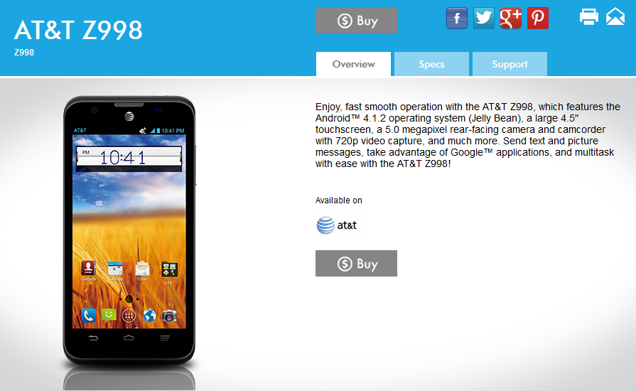 The ZTE Mustang is now listed on the manufacturer's website - AT&T's ZTE Mustang Z998 spotted on manufacturer's website